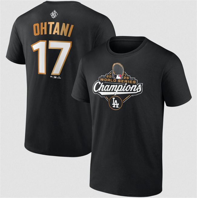 Men's Black Los Angeles Dodgers #17 Shohei Ohtani 2025 World Series Champions Name & Number T-Shirt